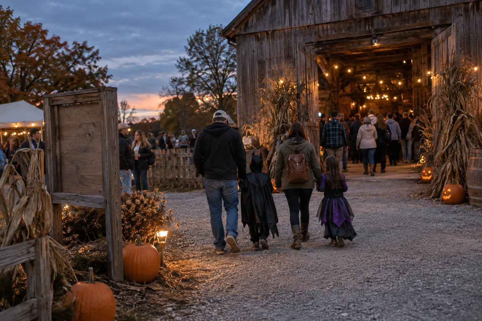 A visitor notices a haunt’s roadside promotion while arriving; generated editorial scene.