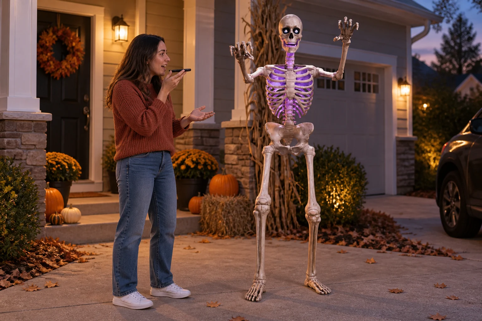 A person speaks into a phone beside Home Depot’s 6.5-foot Ultra Skelly; edited voice-control composite.