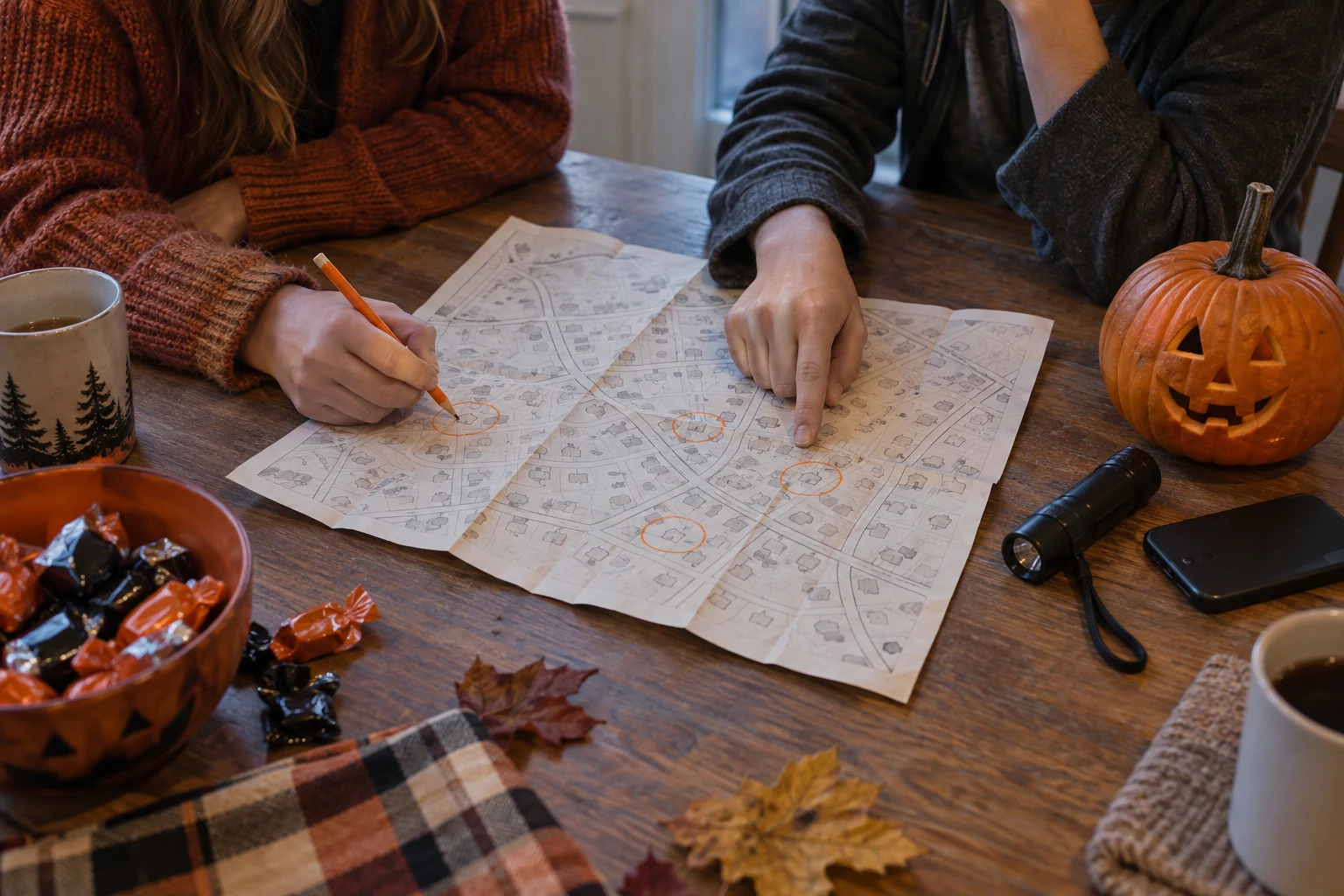 People plan a neighborhood haunt route together; generated editorial scene, not a ChatGPT screenshot.