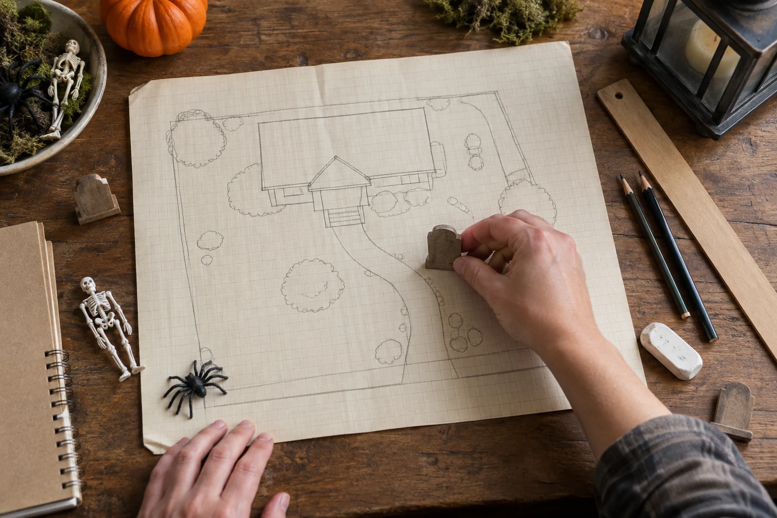 Hands arrange miniature props on a measured Halloween yard plan; generated editorial scene.
