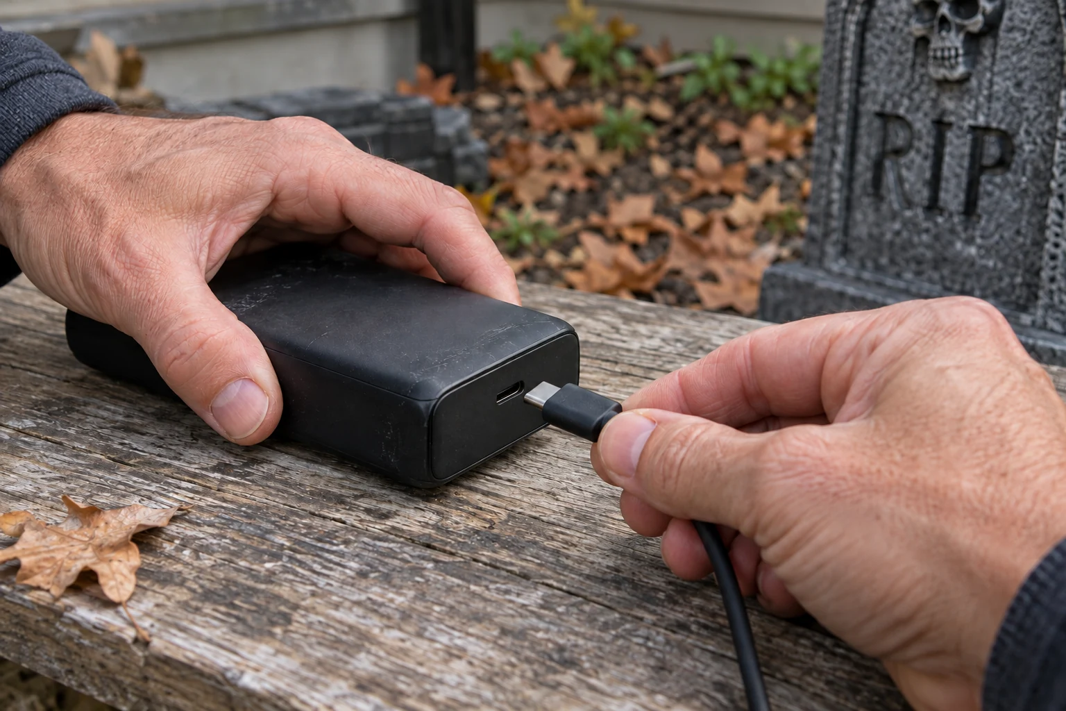 A USB-C cable is connected to a rechargeable battery pack for a Halloween setup; generated generic battery concept.
