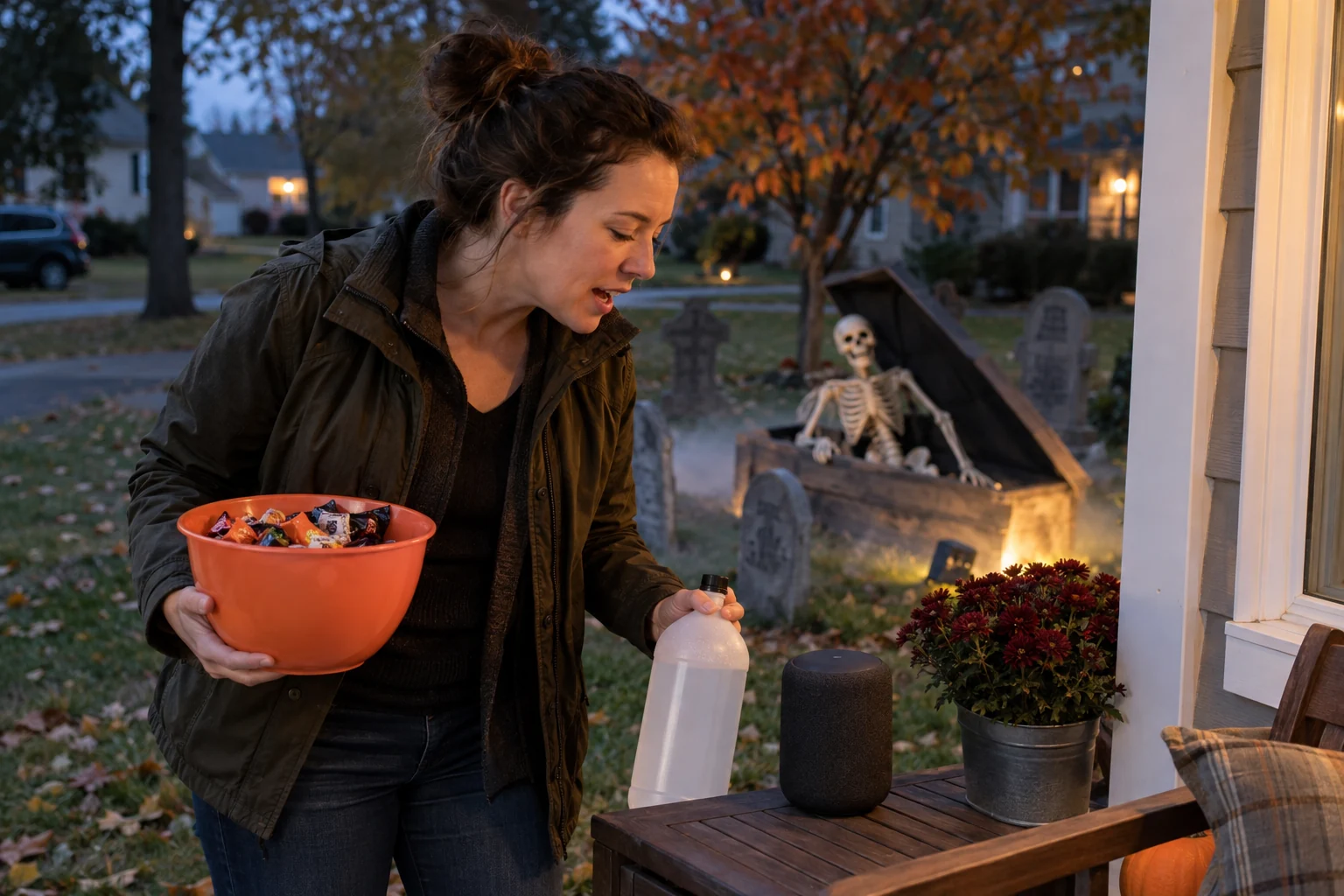 A person gives a voice command to a smart speaker beside Halloween props; generated editorial scene.