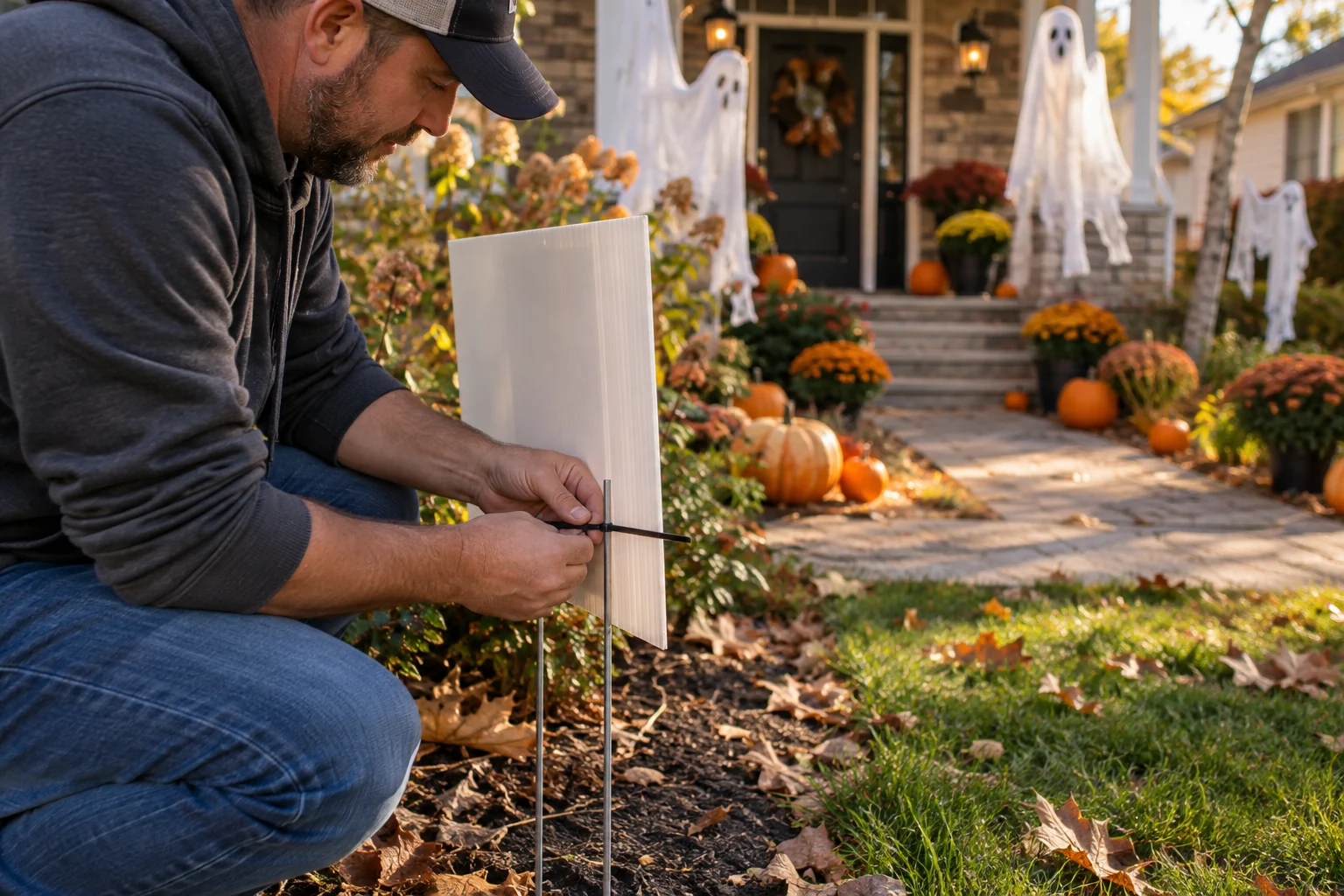 A haunter fastens a printed yard sign to its stake; generated editorial scene.