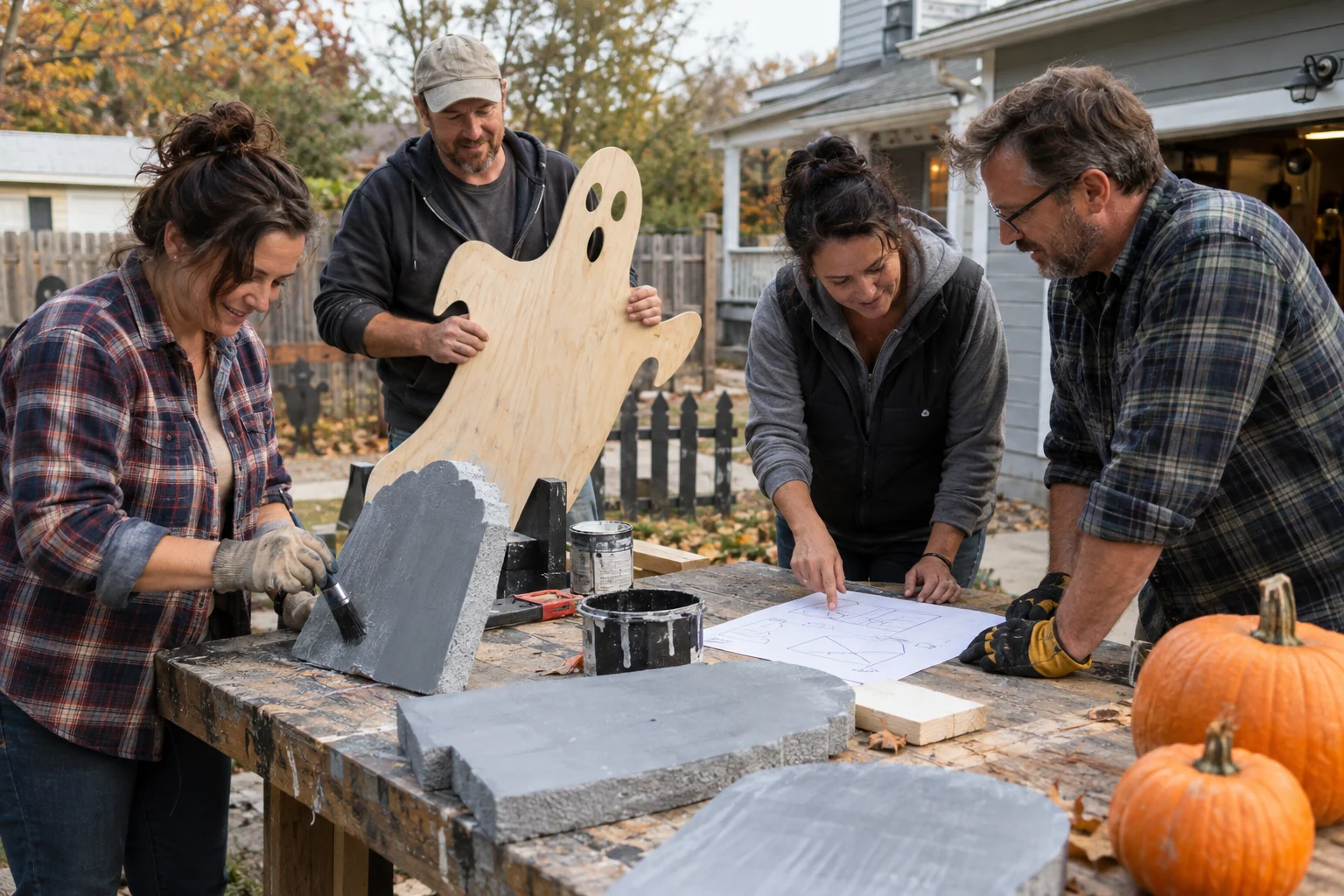 Club members build Halloween decorations together around a shared yard plan; generated editorial scene.