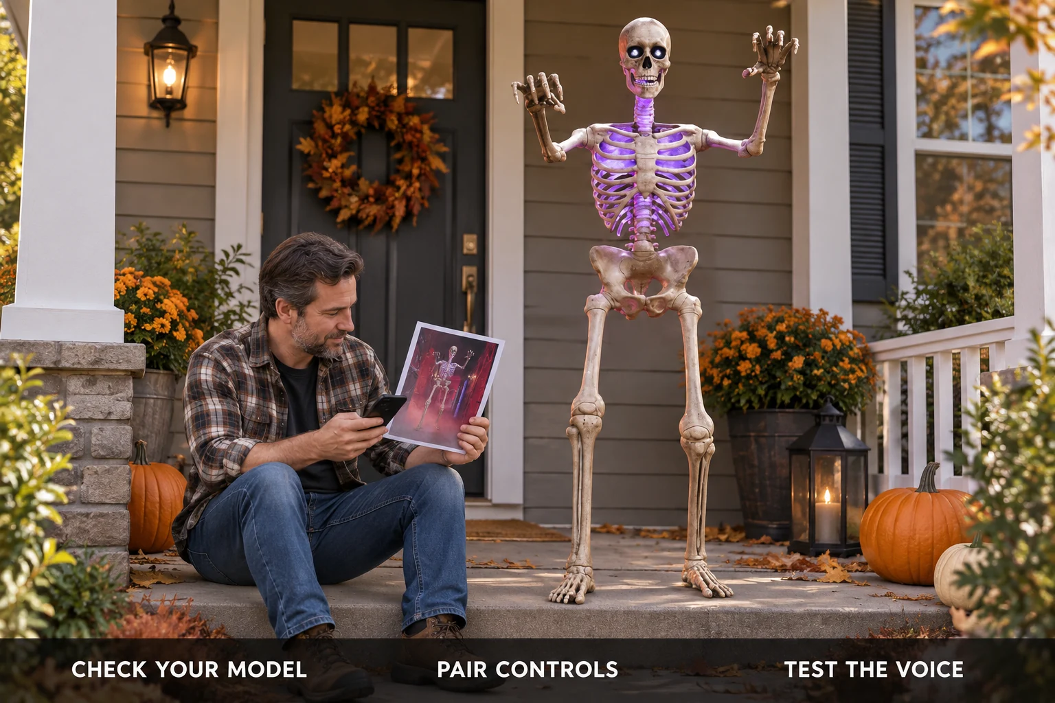 A person checks the model and tests voice controls beside the Home Depot 6.5-foot Ultra Skelly; edited instructional composite.