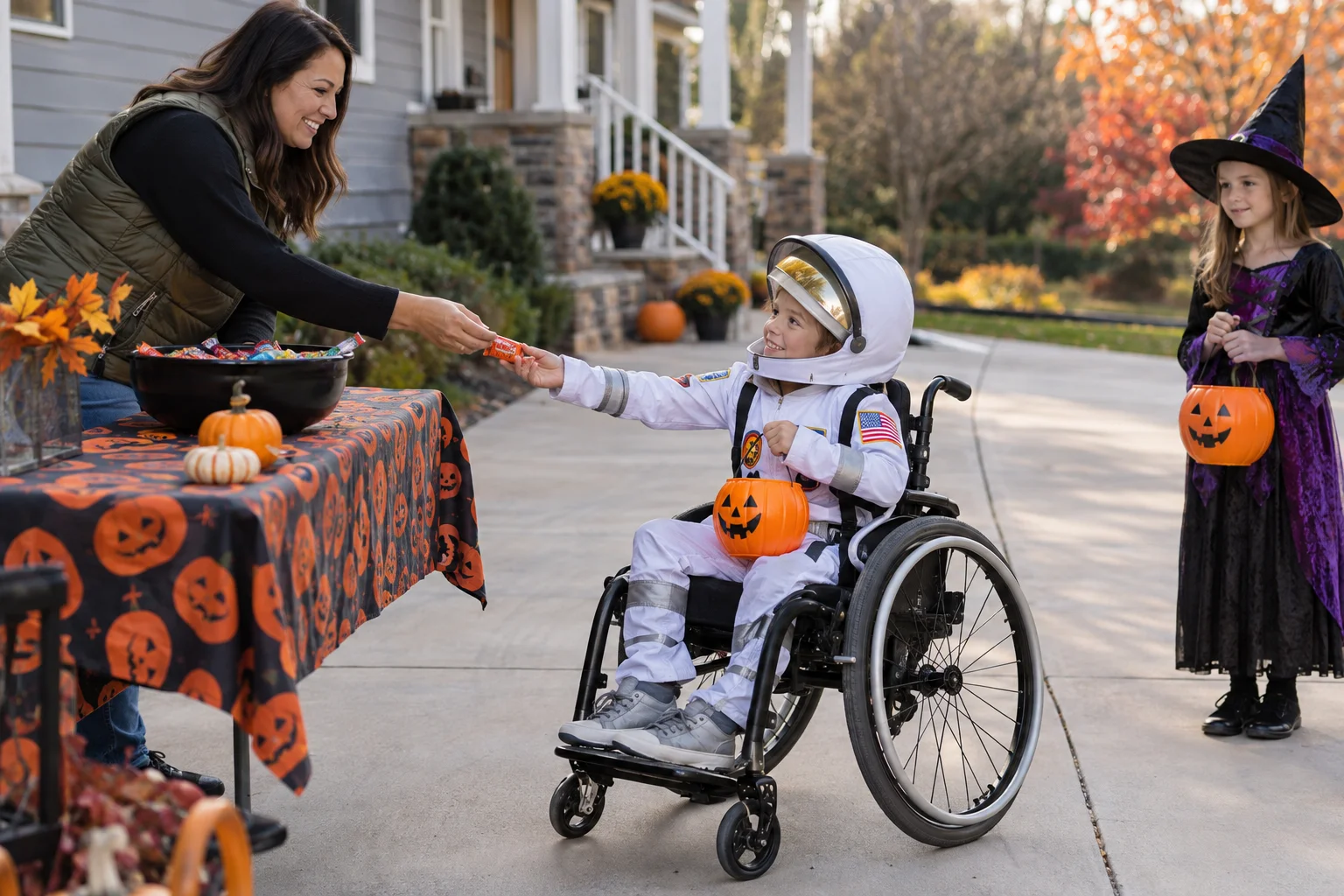 A child using a wheelchair receives candy at a reachable driveway table without steps; generated editorial scene.