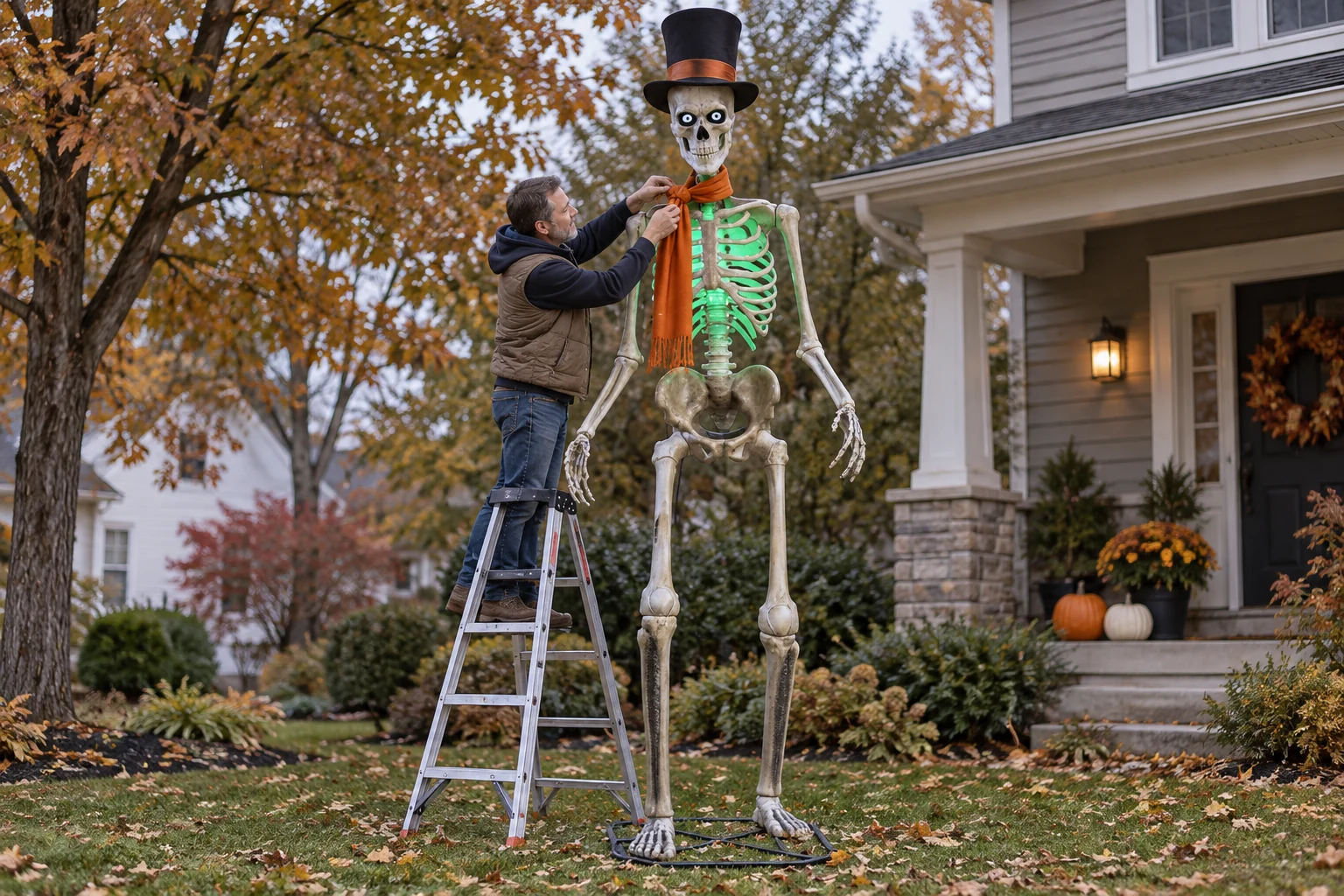 A homeowner ties a scarf onto Home Depot’s 12-foot Skelly to dress the display; edited instructional composite.