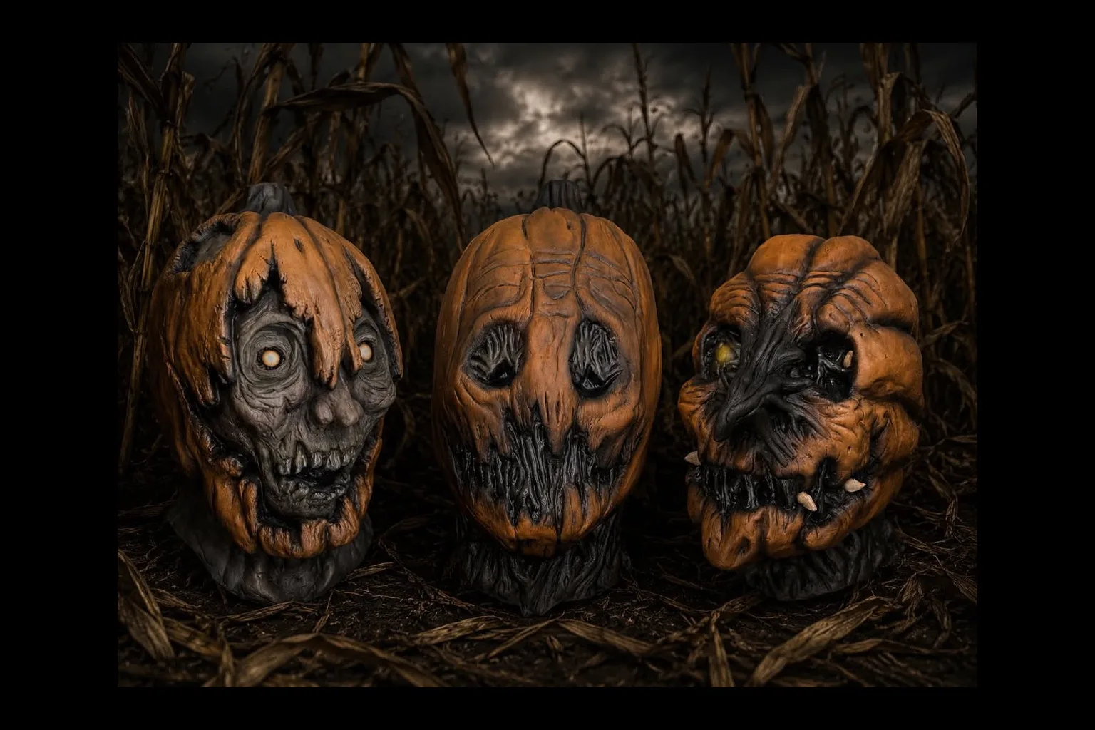 Three hand-sculpted latex pumpkin masks from Pumpkin Riot Productions standing in a cornfield at dusk.