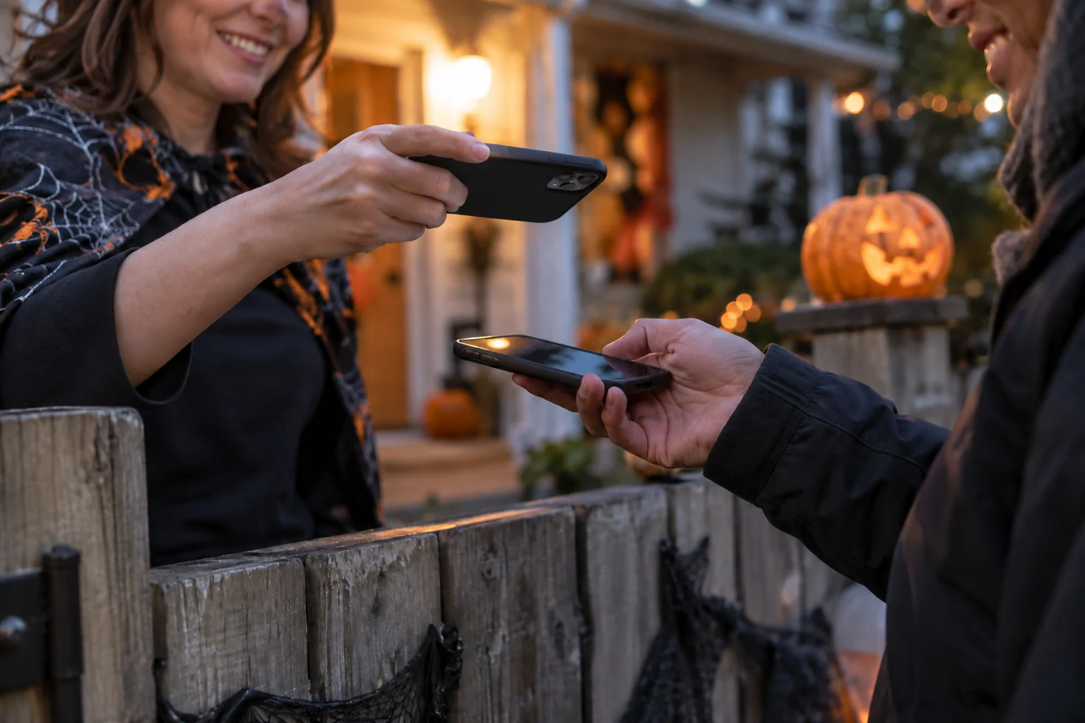 A haunt volunteer scans a visitor’s admission at the gate; generated editorial scene.
