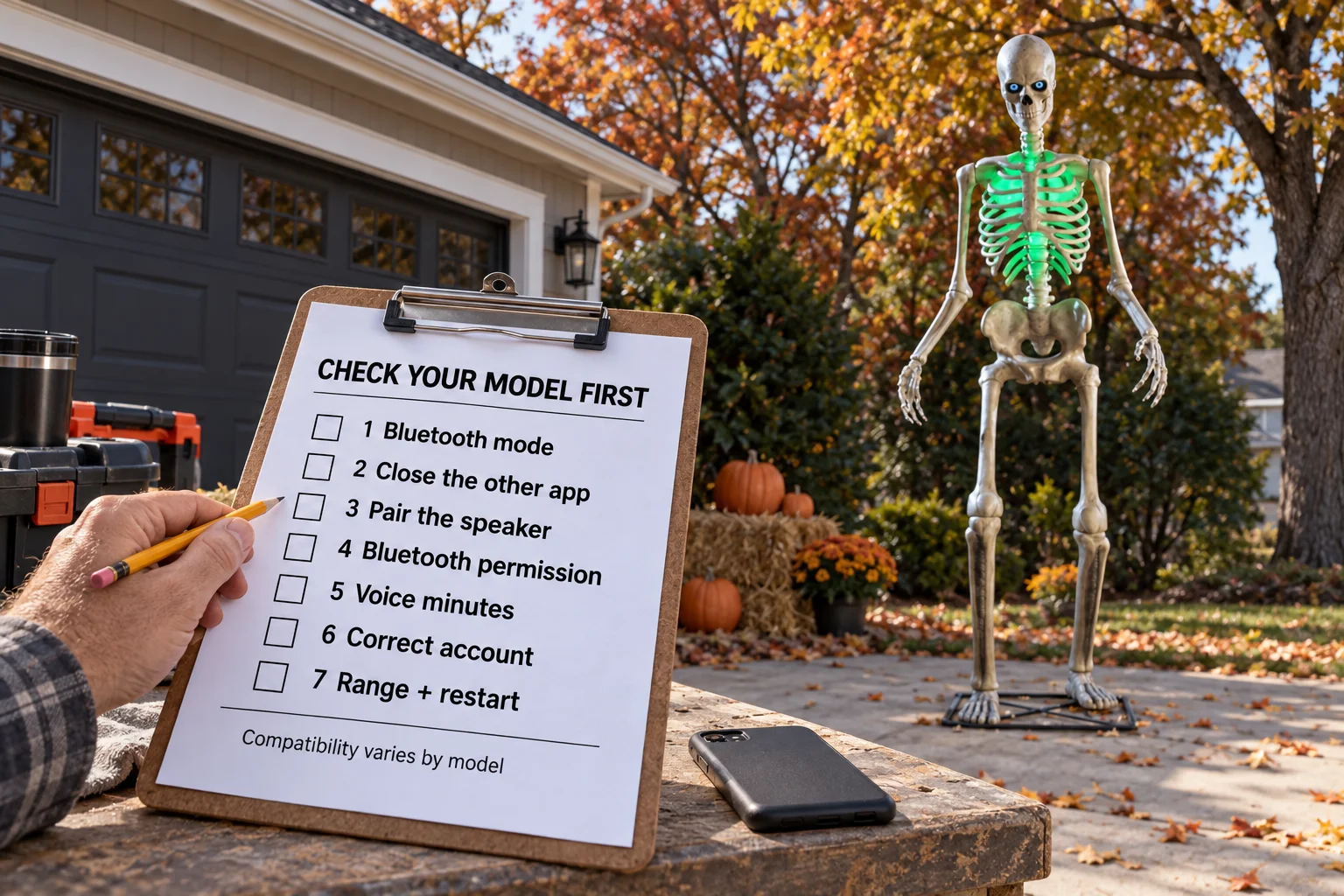 A hand follows a seven-step connection checklist marked Check your model first beside Home Depot’s 12-foot Skelly; edited instructional composite.