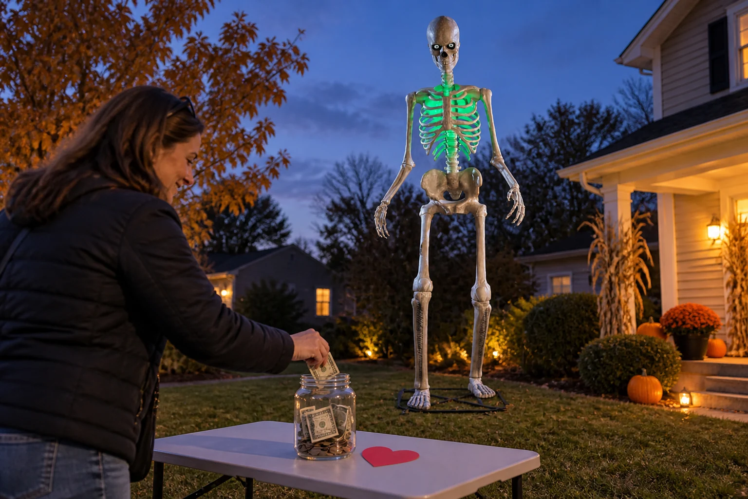 A neighbor contributes to a donation jar beside Home Depot’s 12-foot Skelly; edited fundraising composite.