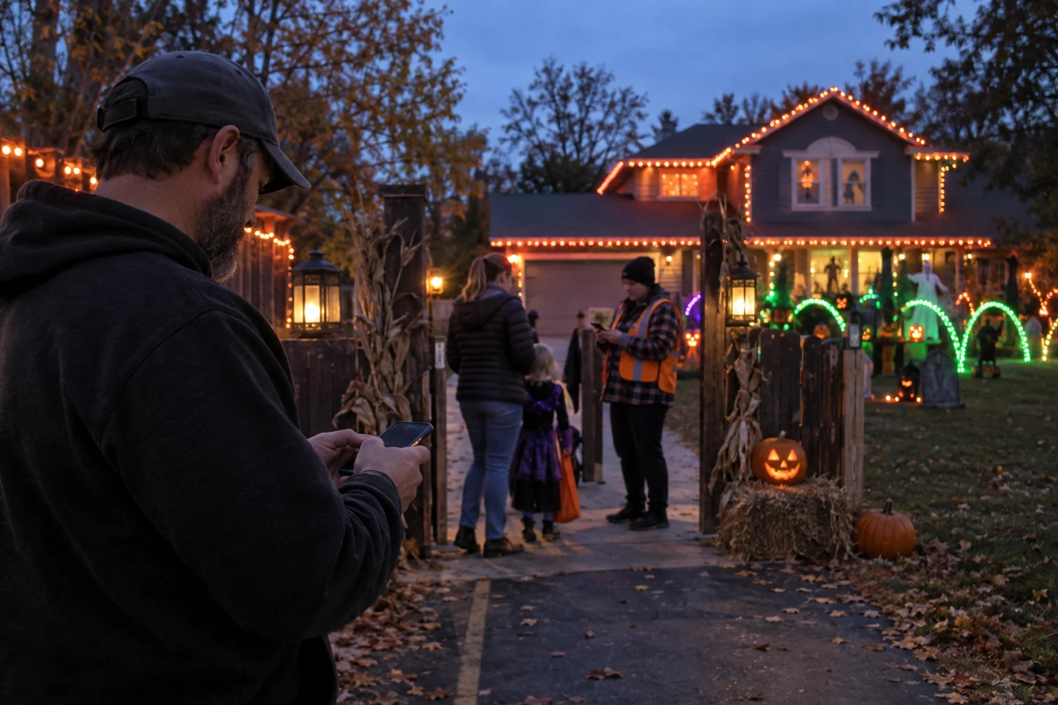 A family enters a working Halloween light-show and ticketed haunt entrance; generated editorial scene.