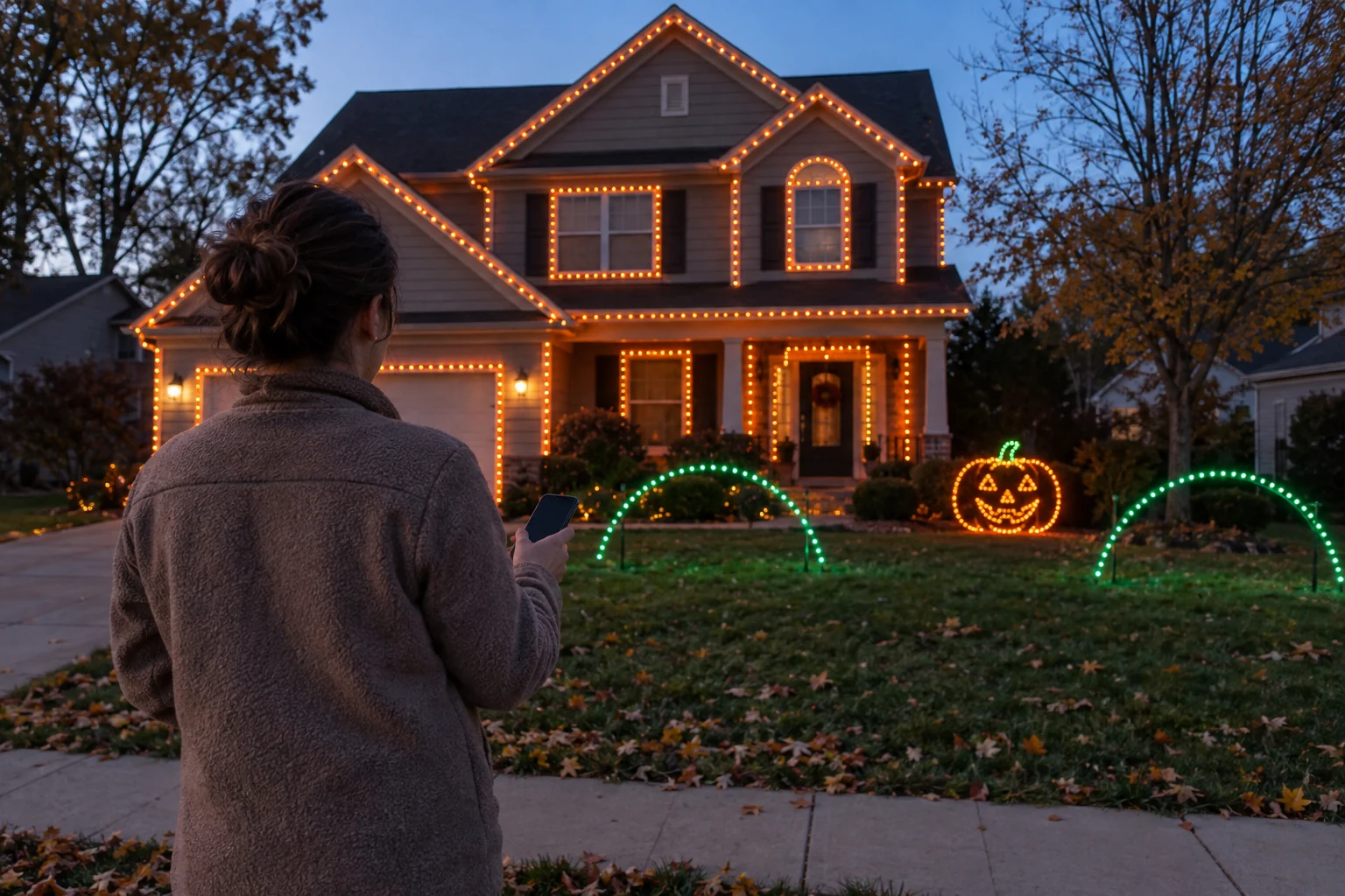 A homeowner operates a phone beside a coordinated Halloween pixel-light show; generated editorial scene.
